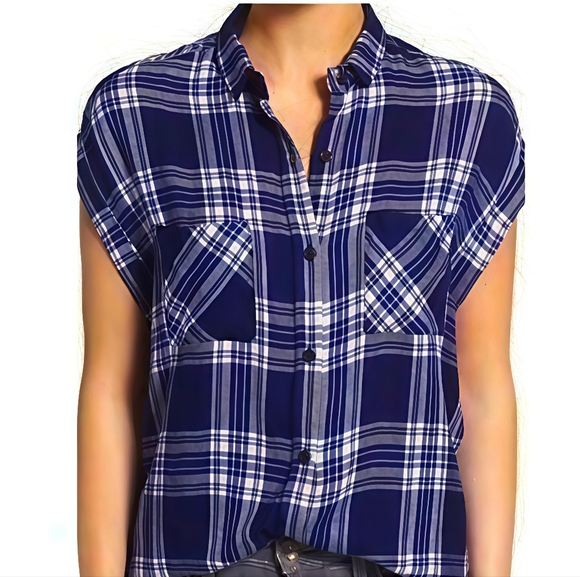 Rails Britt Midnight Cobalt Blue Plaid Rolled Short Sleeve Button Up Shirt LG - Picture 1 of 10